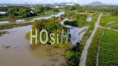 Kampung House Flooded With Rain Water - Video Drone Footage