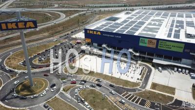 Aerial View Car Traffic Outside Ikea Outlet - Video Drone Footage