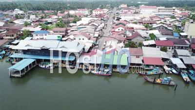 Boats Park At Fishing Village Sungai Udang - Video Drone Footage