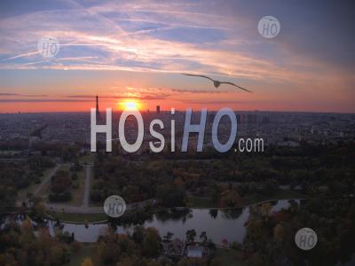 Aerial Photography Of The Sunrise Over Paris, In Backlight, Seen From Helicopter