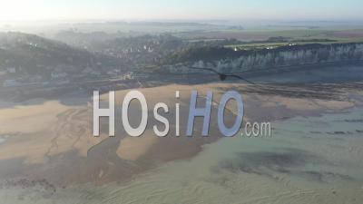 Beach Of Veules-Les-Roses In Autumn With Sun - Video Drone Footage