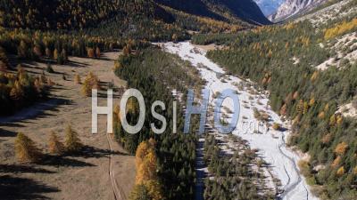 Val D'escreins Nature Reserve In Autumn, Hautes-Alpes, France, Viewed From Drone