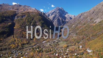 The Village Of Pelvoux And Mont Pelvoux In The Ecrins National Park, In Autumn, Hautes-Alpes, France, Viewed From Drone