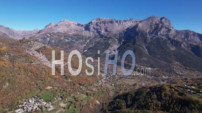 The Village Of Vallouise, In Autumn, Hautes-Alpes, France, Viewed From Drone