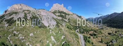 180 ° Panorama, L'aiguillette Du Lauzet In The Guisane Valley Near The Village Of Monêtier-Les-Bains, At The Foot Of The Lautaret Pass, Hautes-Alpes, France, Aerial Photo By Drone