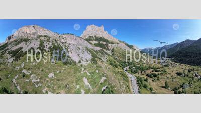 180 ° Panorama, L'aiguillette Du Lauzet In The Guisane Valley Near The Village Of Monêtier-Les-Bains, At The Foot Of The Lautaret Pass, Hautes-Alpes, France, Aerial Photo By Drone
