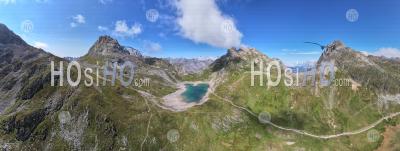 180 ° Panorama, Grand Ban Lake Near The Col Des Rochilles, Savoie, France, Aerial Photo By Drone