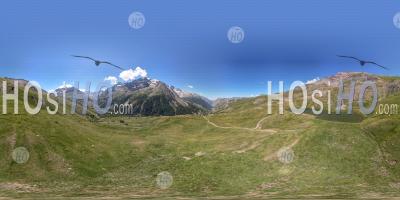 360 Vr, Lac Du Pontet And The Mountain Range Of La Meije (ecrins National Park), Hautes-Alpes, France, Aerial Equirectangular Photo By Drone