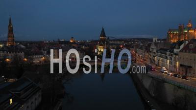 Canal Of The Moselle And Monuments Metz At Night - Video Drone Footage
