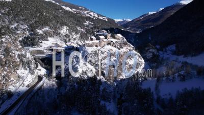 Stronghold And Rock Bar Of Chateau-Queyras In The Guil Valley, Hautes-Alpes, France, Viewed From Drone