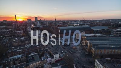 Establishing Aerial View Shot Of London Uk, United Kingdom, Amazing Sunset, Kings Cross And St Pancras International - Video Drone Footage