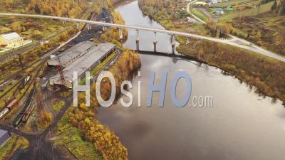 Flight Over The Road Bridge Over The River - Video Drone Footage
