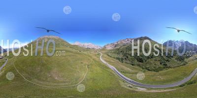 360 Vr, The Col Du Lautaret Between The Meije And Grand Galibier Mountain Ranges, Hautes-Alpes, France, Aerial Equirectangular Photo By Drone