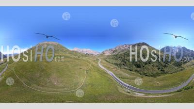360 Vr, The Col Du Lautaret Between The Meije And Grand Galibier Mountain Ranges, Hautes-Alpes, France, Aerial Equirectangular Photo By Drone