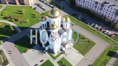 Flight Over The Temple In The Name Of The Transfiguration Of The Lord. Serov Town, Sverdlovsk Region. Russia - Video Drone Footage