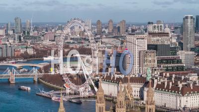 Big Ben, The City Of London And London Eye, Establishing Aerial View Shot Of London Uk, United Kingdom, Day - Video Drone Footage