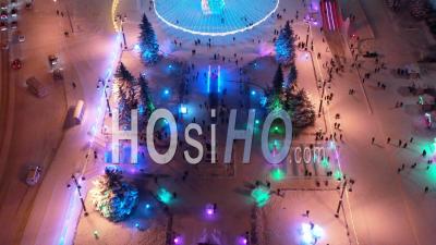Christmas Tree In The Central Square Of The City. View From Above. - Video Drone Footage