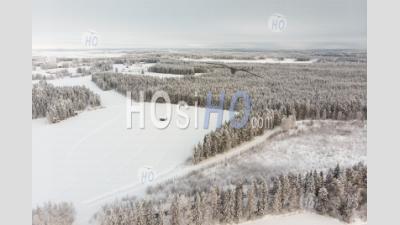 Small Barn House On The Snowy Fields - Aerial Photography