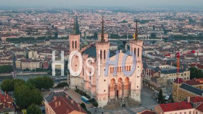 Sunset Colors, Flying Views From Fourviere Hill, Establishing Aerial View Shot Of Lyon Fr, Auvergne-Rhone-Alpes, France - Video Drone Footage
