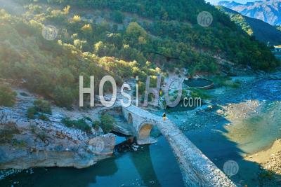 Stone Bridge In Thermal Springs Od Benje At National Park Hotova-Dangel, Albania - Aerial Photography