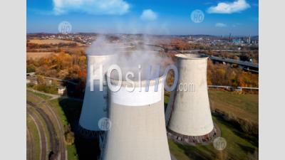 Coal Thermal Power Plant With Steam On Top Of The Towers - Aerial Photography
