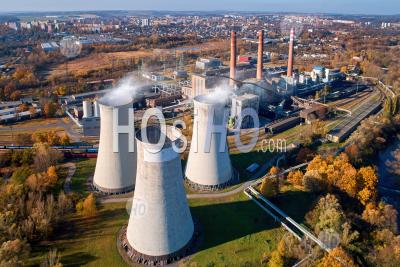Coal Thermal Power Plant Complex With Cooling Towers In Operation. - Aerial Photography