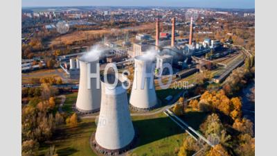 Coal Thermal Power Plant Complex With Cooling Towers In Operation. - Aerial Photography