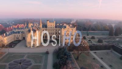 Aerial View Of Lednice Castle, Moravia, Czechia. Unesco Cultural Heritage. - Video Drone Footage