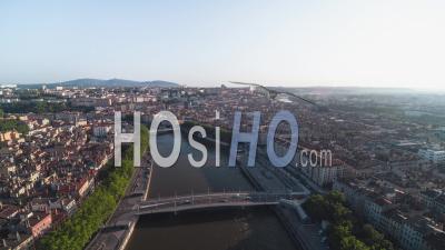 Establishing Aerial View Shot Of Lyon Fr, Auvergne-Rhone-Alpes, France, Capital Of Food, Sunny Day - Video Drone Footage