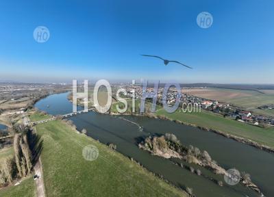 8k Aerial View Of The Pont Town Bousse Filmed By Drone In Winter At Sunset Bousse Fleuve Moselle Et Central Nucleaire In France
