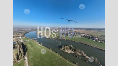 8k Aerial View Of The Pont Town Bousse Filmed By Drone In Winter At Sunset Bousse Fleuve Moselle Et Central Nucleaire In France