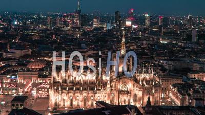 Milan Cathedral And City Center, At Dusk - Video Drone Footage