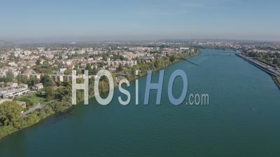 Overflight Rhone River In Valence, Drome, France - Video Drone Footage