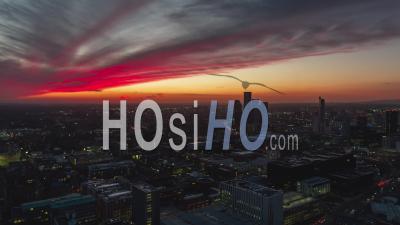 Incredible Sunset, Establishing Aerial View Shot Of Manchester Uk, City Skyline England United Kingdom - Video Drone Footage