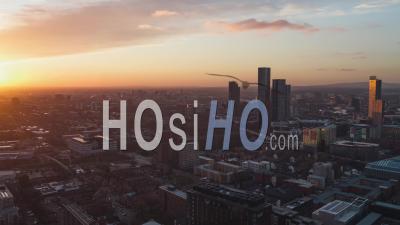 Sunset Vibes, Establishing Aerial View Shot Of Manchester Uk, City Skyline England United Kingdom - Video Drone Footage