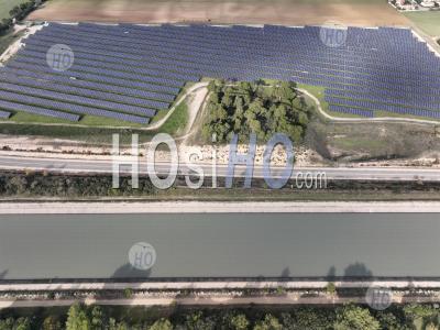 Charleval, Edf Canal And Solar Panels, Bouches Du Rhone, France - Aerial Photography