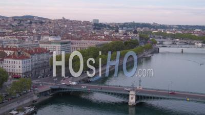 City Center Of Lyon, Between The 2nd And 3rd Arrondissement, Bridges Over The Rhone River, France - Video Drone Footage