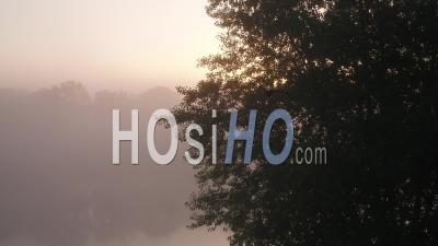 The Banks Of The Saone River In The Morning Mist At Sunrise Neau Village Of Tournus, Saone-Et-Loire, Burgundy-Franche-Comte, France - Video Drone Footage