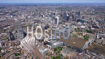 Shard And London Bridge Station, River Thames And Tower Of London Filmed By Helicopter
