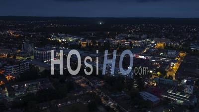 Establishing Aerial View Shot Of Crawley Uk, West Sussex, England United Kingdom At Night Evening - Video Drone Footage