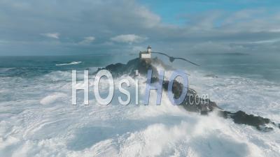 Winter Storm Against Tevennec Lighthouse - Video Drone Footage
