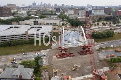 Bridge Rolls Into Place Across Detroit Highway - Aerial Photography