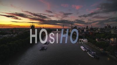 Westminster, British Parliament, Establishing Aerial View Shot Of London Uk, United Kingdom, Great Britain Marvelous Sunset - Video Drone Footage