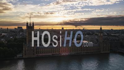 Westminster, British Parliament, Establishing Aerial View Shot Of London Uk, United Kingdom Sun Setting - Video Drone Footage