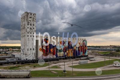 Mural On Grain Elevator - Aerial Photography