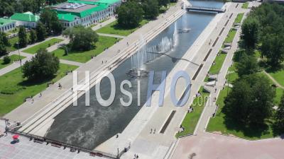 Fountains In The Center Of Yekaterinburg. View From Above. Russia - Video Drone Footage