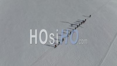 Ski Touring Group On Glacier - Video Drone Footage