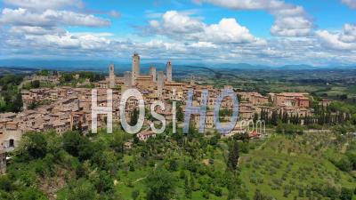 Aerial View Of The Medieval Village Of San Gimignano, Filmed By Drone, Tuscany, Italy