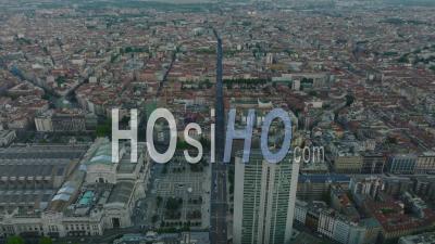 Aerial Panoramic View Of Buildings In Urban Borough. Historic Milano Centrale Railway Station, Modern High Rise Tower And Apartment Houses. Milano, Italy - Video Drone Footage