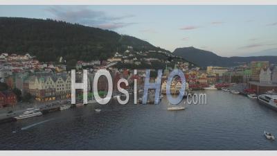 Harbour District Of Bryggen, Bergen, Hordaland, Norway - Video Drone Footage